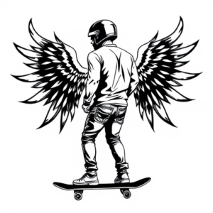 A man stepped on a skateboard, wearing a motorcycle helmet, and his back was decorated with wings and flames.