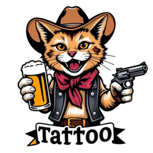A puppet cat wearing a cowboy hat is holding a beer in one hand and a revolver in the other.