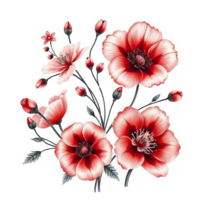 Cherry blossoms, poppy flowers, scarlet carnation, Cherokee rose, camellia