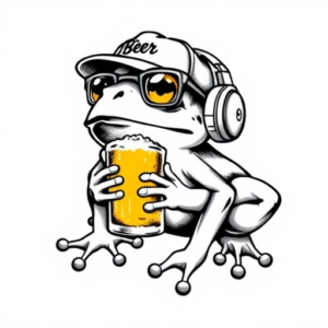 Cute frog with a beer mug in a cap and glasses and headphone