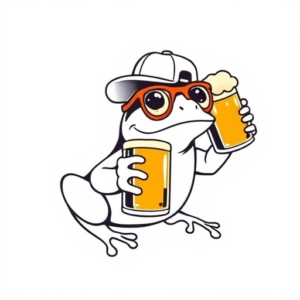 Cute frog with a beer mug in a cap and glasses