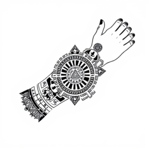 Interconnected Mayan, Aztec and Inca symbols covering the forearm