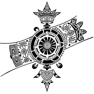 Interconnected Mayan, Aztec and Inca symbols covering the forearm