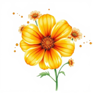 Marigold in the center, with a small different flower over each finger besides the ring finger