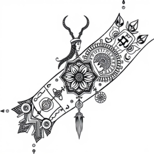 Mayan, Aztec and Inca symbols indicating the sign of Virgo interconnected covering the forearm