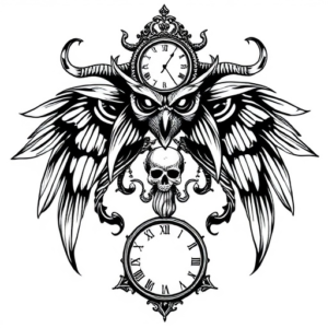 Medusa , owl, skull, wall clock