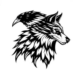 Raven on wolf shoulder