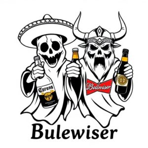 Two ghosts one wearing a sombrero and holding a bottle of Corona and the other ghost wearing Vikings horns and holding a bottle of Budweiser