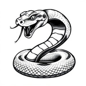 A snake, black - gray in color, looking fierce.