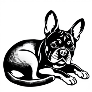 cat (black) and dog (French bulldog) lie next to each other hugging in style graphics and dotwork