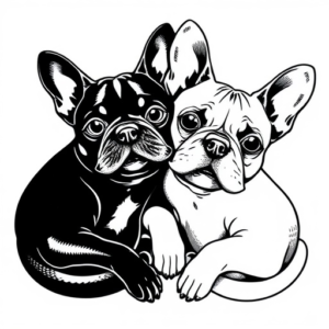 cat (black) and dog (French bulldog) lie next to each other hugging in style graphics and dotwork