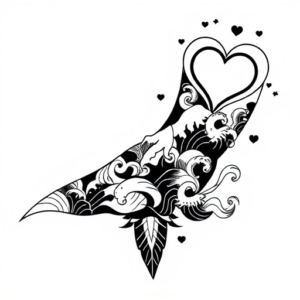 sleeve with Gothic on the elbow, heart on the arm, waves in Japanese style