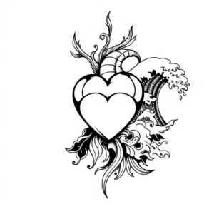 sleeve with Gothic on the elbow, real heart on the arm, waves in Japanese style