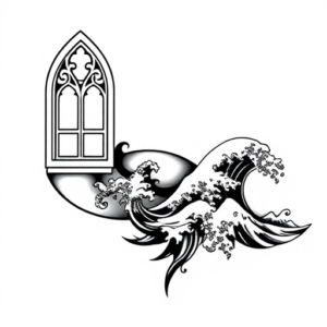 sleeve with Gothic window on the elbow, heart on the arm, waves in Japanese style